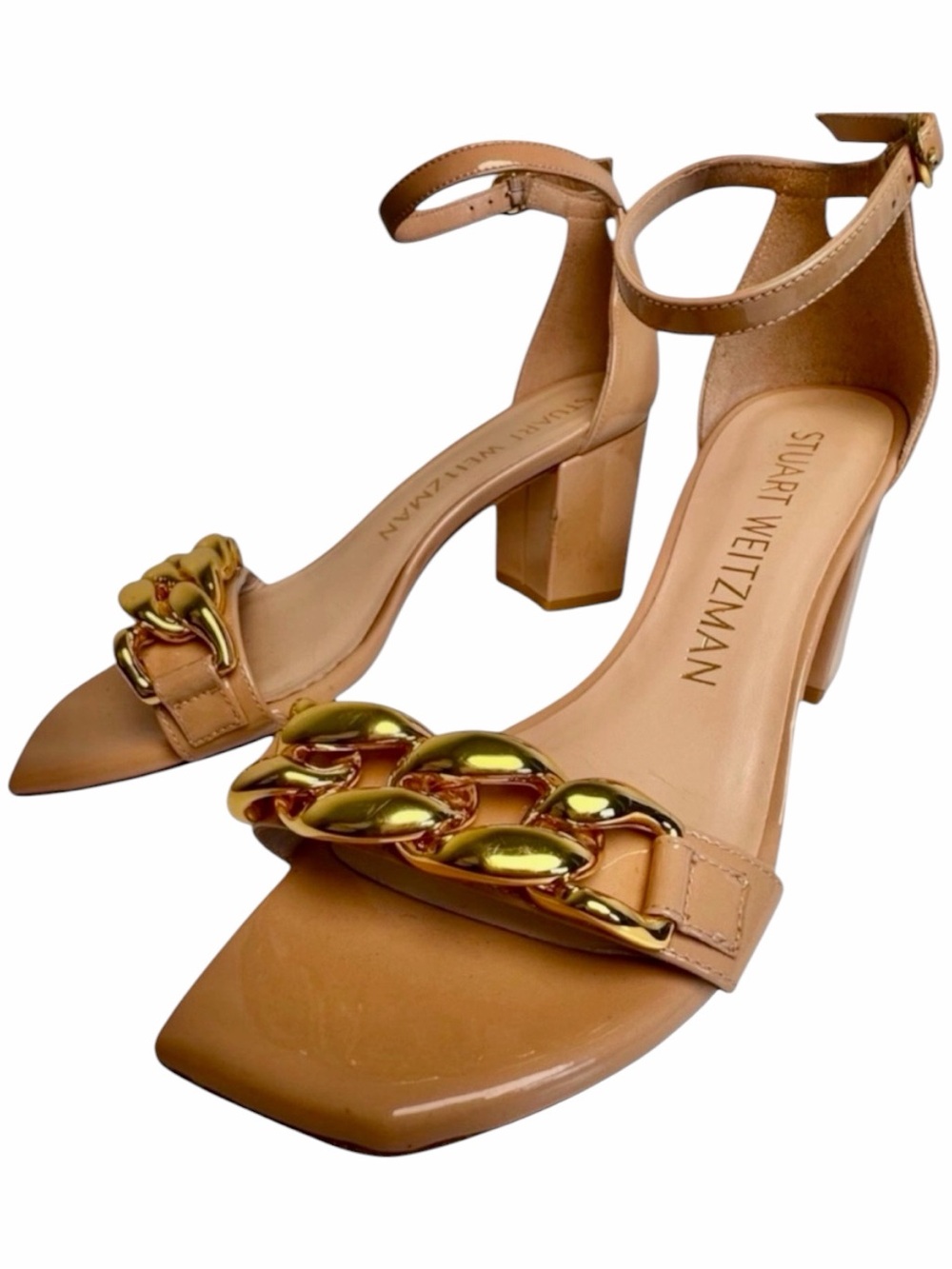 Stuart Weitzman Amelina Nude Patent Leather Chain Block Heels Womens 6.5